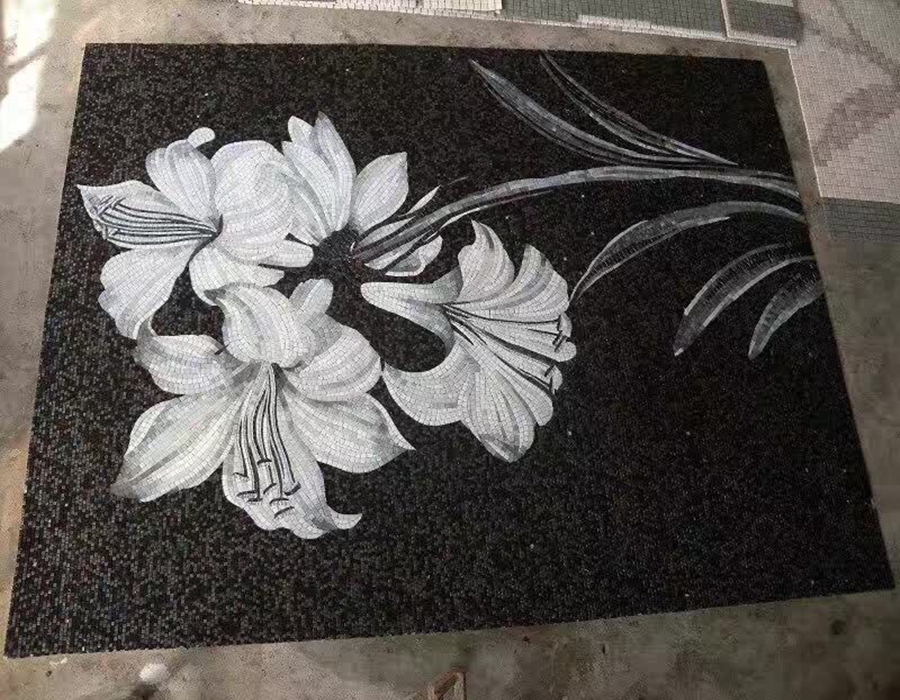 Glass Mosaic Mural White flower with black background
