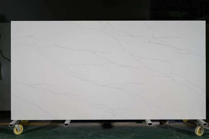 Large-format Calacatta quartz slab with grey veining